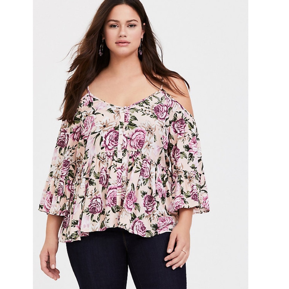 Torrid Light Pink Floral Babydoll Blouse (1)